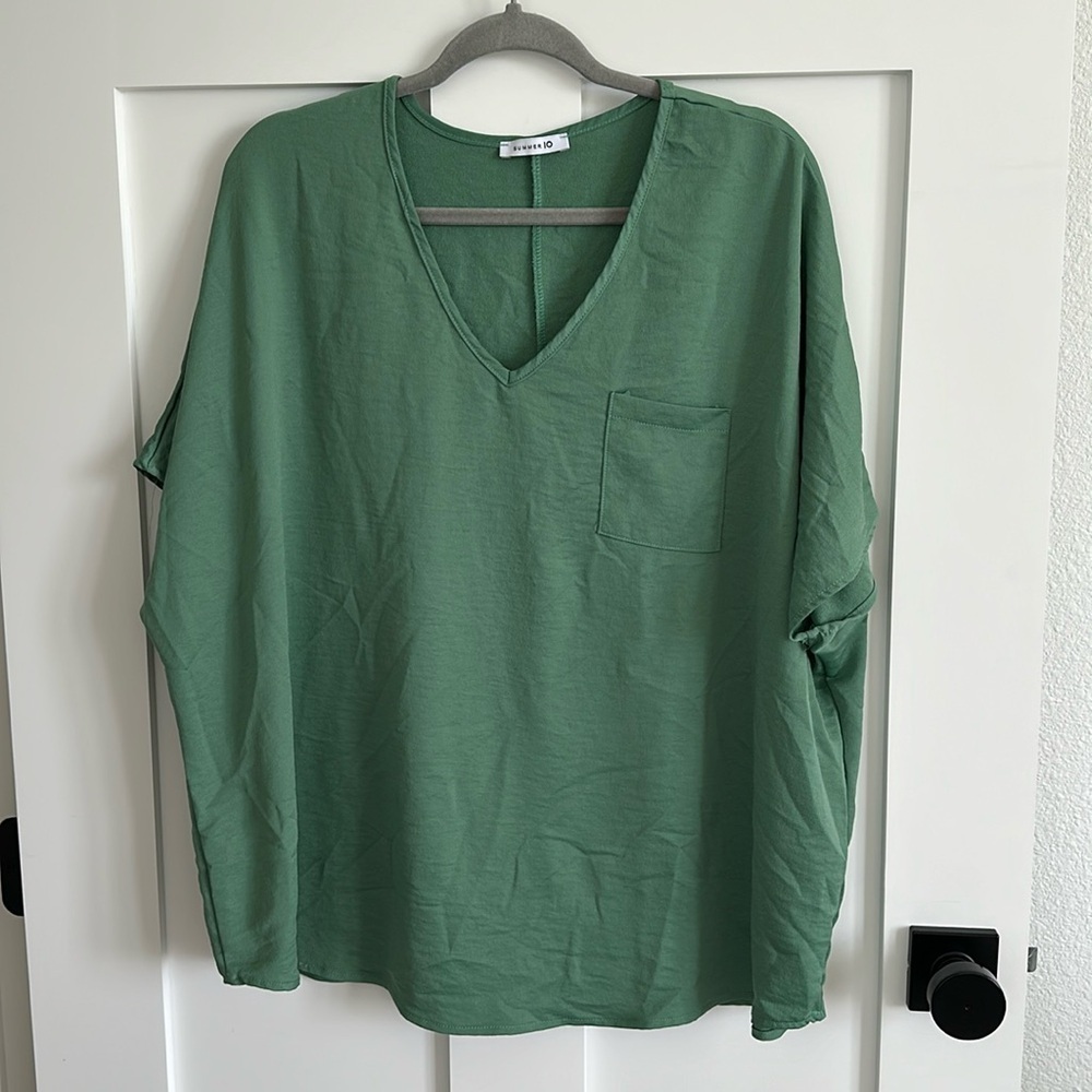 Summer10 Women's S Boxy Oversized Pocket Tee Sage Green Dolman Sleeve V-Neck